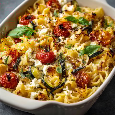 A dish of Baked Feta Vegetable Pasta is displayed in a white bowl.