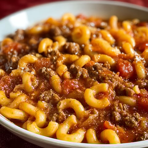 A bowl of Old Fashioned Goulash, filled with pasta, meat, and tomato sauce.
