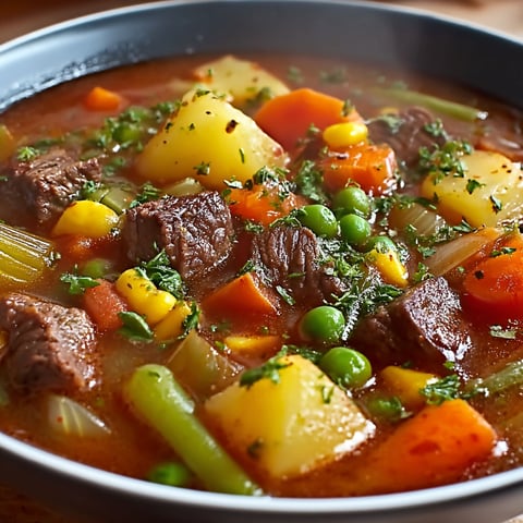 A bowl of beef and vegetable soup with a variety of vegetables including carrots, peas, and potatoes.