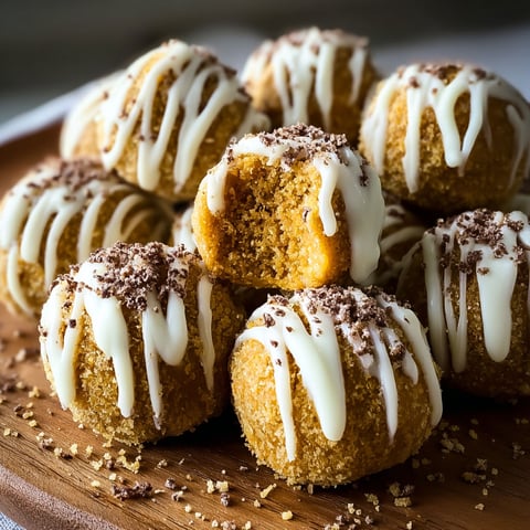 A plate of pumpkin cheesecake balls with white icing and chocolate drizzle.