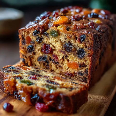 A slice of Heavenly Moist Fruitcake is displayed on a wooden cutting board.