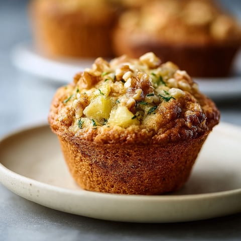 A muffin with a slice of zucchini and nuts on top.