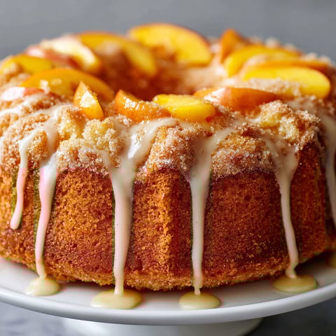 A delicious Peach Buttermilk Pound Cake is displayed on a white plate.