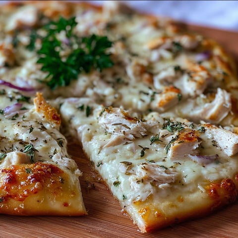 A slice of pizza with chicken and herbs on a wooden cutting board.