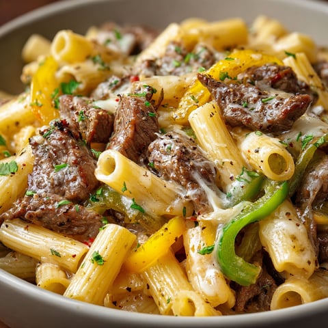 A bowl of pasta with meat and cheese, likely a Philly Cheesesteak Pasta Recipe.