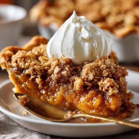 A slice of pumpkin crisp with a dollop of whipped cream on top.