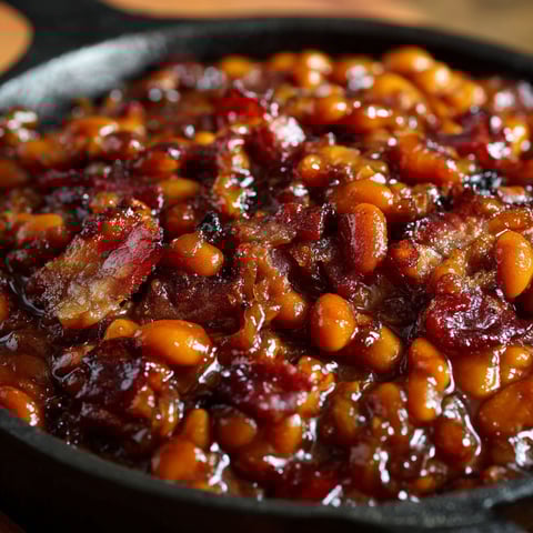 A delicious Root Beer Baked Beans Recipe is cooked and ready to be served.