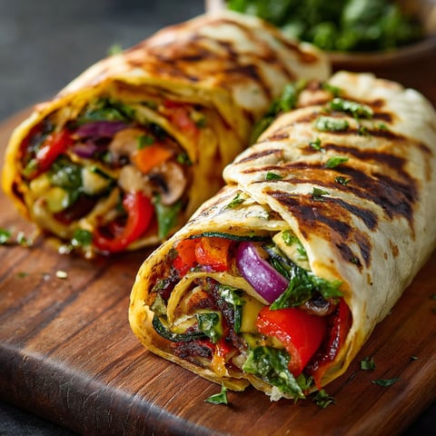 A delicious grilled vegetable wrap is served on a wooden cutting board.