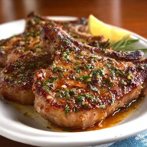 A plate of Sicilian Pork Chops with a lemon wedge on the side.