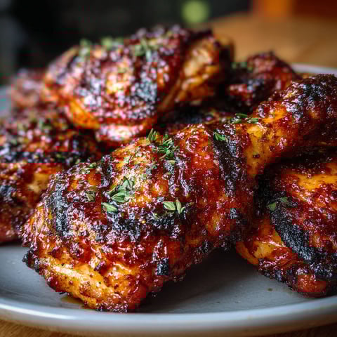 A plate of BBQ chicken with a sauce that is finger-lickin' good.