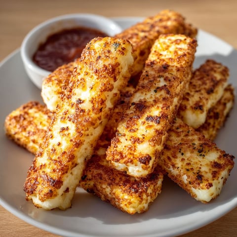 A plate of cottage cheese sticks with a dipping sauce.
