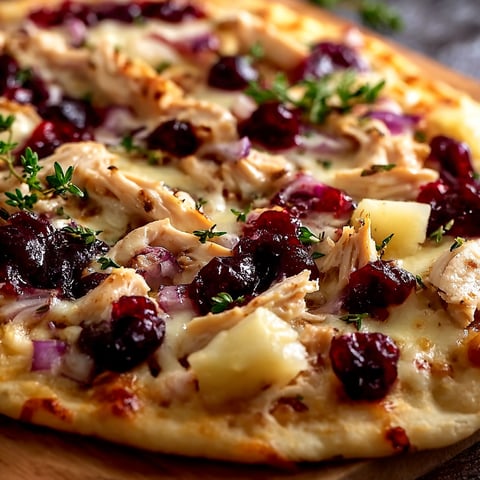 A pizza with chicken, cranberries, and cheese on top.