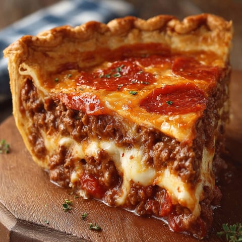 A slice of deep hamburger, sausage, and pepperoni pie on a wooden cutting board.