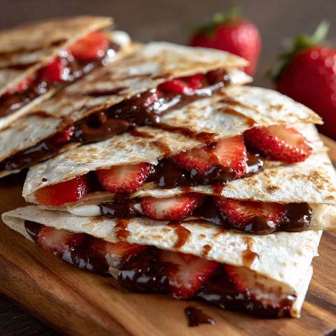 A delicious Nutella Strawberry Quesadilla is served on a wooden platter.