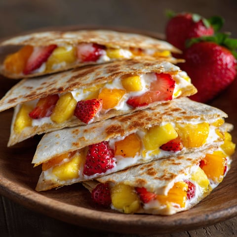 Fruity breakfast quesadillas with strawberries and pineapple on a wooden platter.