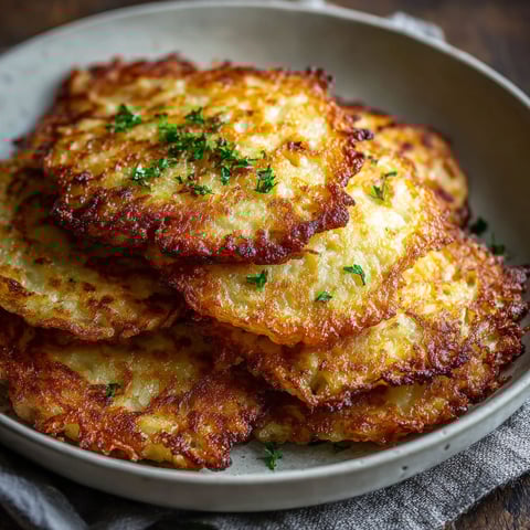 A plate of German potato pancakes, also known as potato pancakes, is served on a dining table.