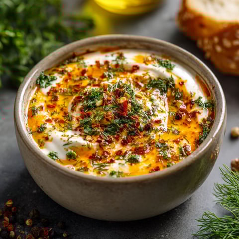 A bowl of Hot Honey Ranch dip with a spoon inside.