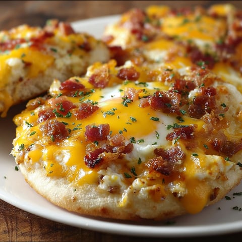 A plate of English Muffin Breakfast Pizza with cheese, bacon, and egg.