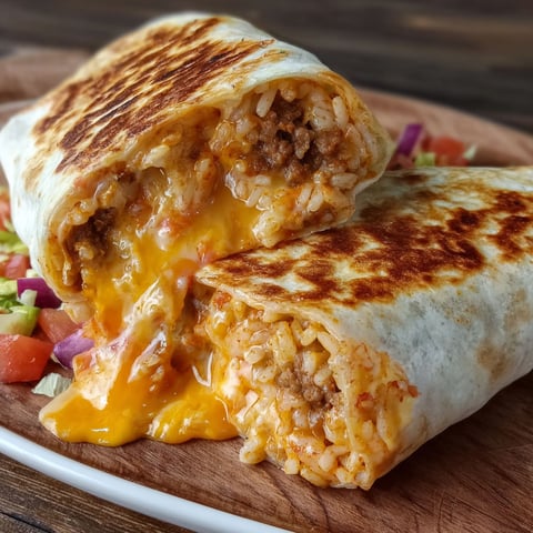 A delicious Grilled Cheese Burrito with Seasoned Beef is served on a wooden table.
