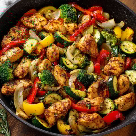 A delicious Chicken and Vegetables Skillet is ready to be cooked in a black skillet.
