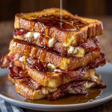 A stack of French toast with maple syrup drizzled on top.