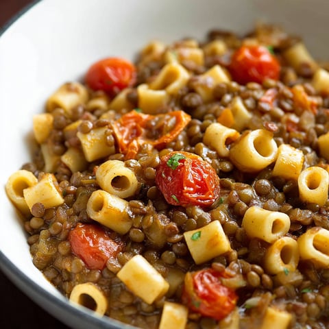 A bowl of pasta with lentils, tomatoes, and spices.