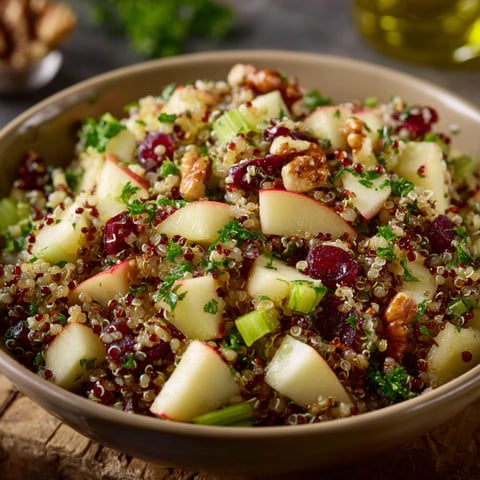 A bowl of quinoa apple salad is displayed on a wooden table.