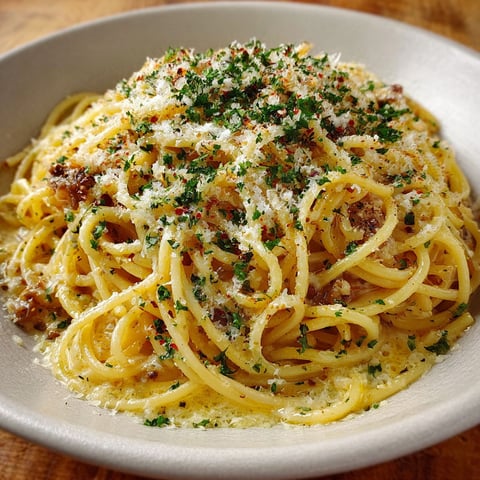 A delicious bowl of creamy garlic butter spaghetti.
