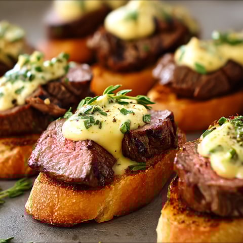 A close up of a grilled tenderloin crostini with Béarnaise sauce.