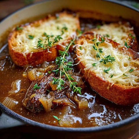 A bowl of French Onion Short Rib Soup with Gruyère Toast.