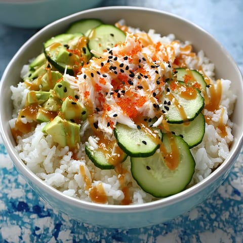 A bowl of rice with cucumbers and avocado, topped with orange sauce.