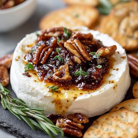 A delicious goat cheese and fig jam spread is displayed on a table, accompanied by crackers and nuts.