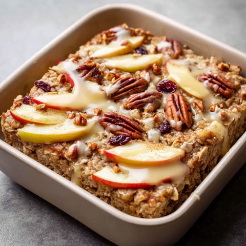 A square dish filled with a delicious oatmeal apple dessert, topped with cinnamon and pecans.