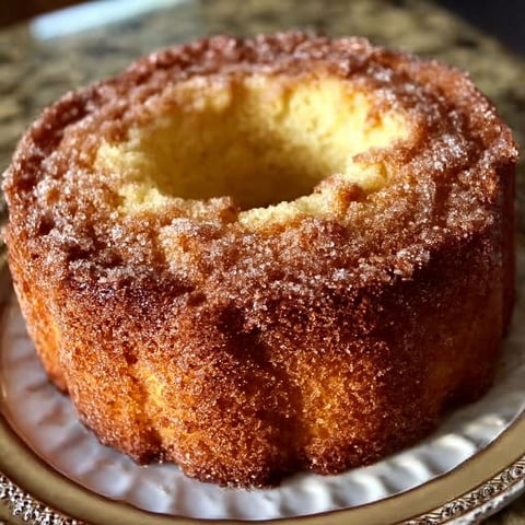 A slice of the best Mother's Crack Cake, topped with powdered sugar and a hole in the center.