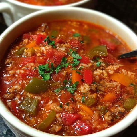 A bowl of Slow Cooker Stuffed Pepper Soup filled with vegetables and meat.