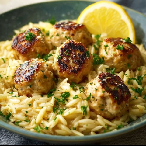 A plate of chicken meatballs with creamy lemon orzo.