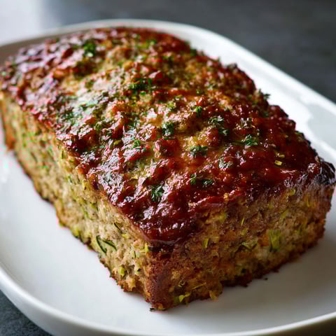 A slice of meatloaf with zucchini and herbs on a white plate.