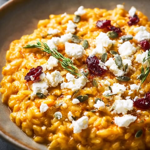A bowl of Pumpkin Goat Cheese Risotto with feta cheese and pumpkin seeds on top.