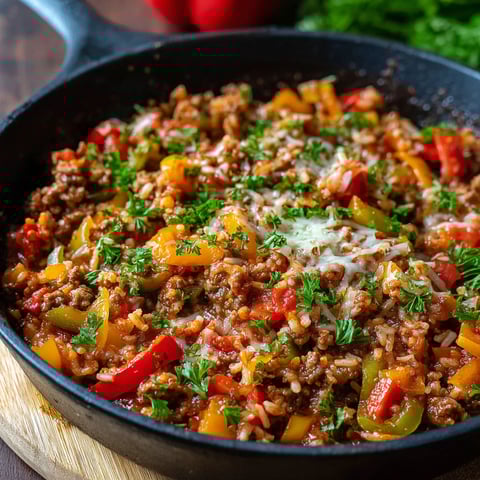 A skillet filled with a delicious meal of rice, peppers, and meat, ready to be cooked.