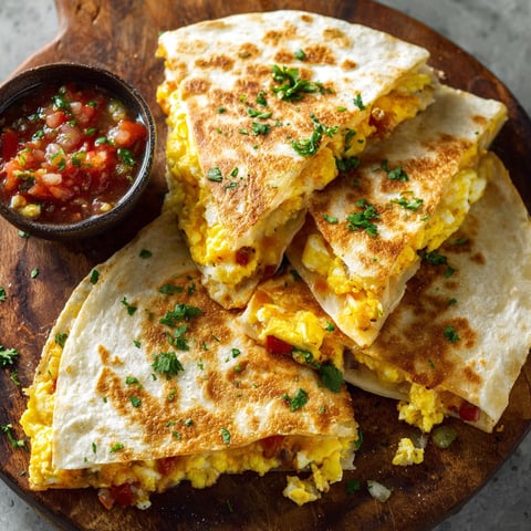 A delicious breakfast quesadilla with eggs, cheese, and tomatoes, served on a wooden platter.