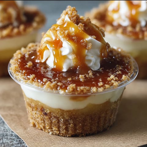 A close-up of a dessert cup filled with caramel and apple toppings.