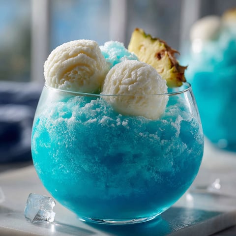 A glass of Frozen Snowball Punch is served in a blue glass.