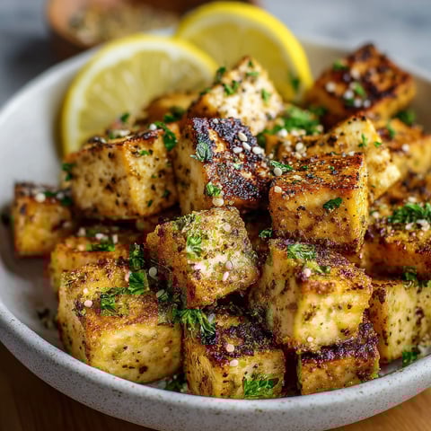 A bowl of baked lemon pepper tofu cubes.
