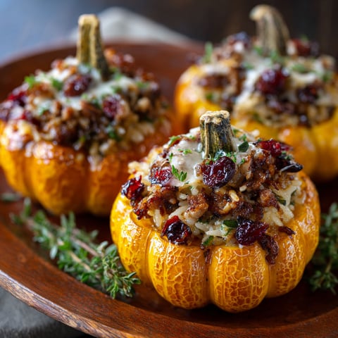Three mini pumpkins filled with a delicious sausage, rice, and cranberry mixture.