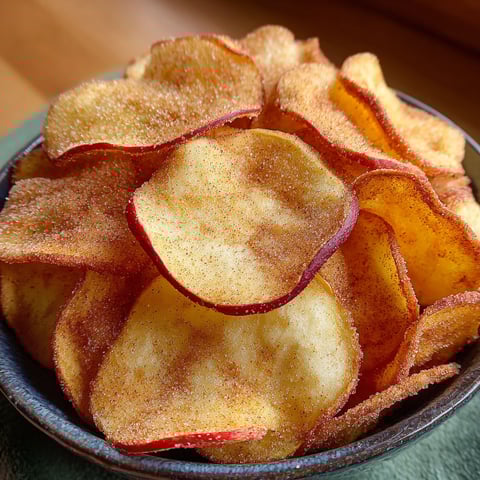 A bowl filled with air fryer apple chips covered in cinnamon sugar.