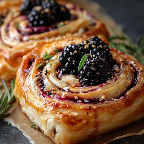 Two swirls of pastry filled with blackberries and honey, sitting on a table.