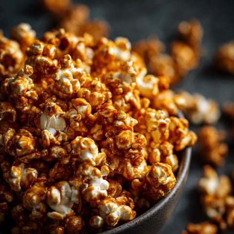 A bowl of pumpkin spice caramel popcorn is displayed on a table.