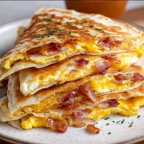 A stack of bacon and egg quesadillas on a plate.
