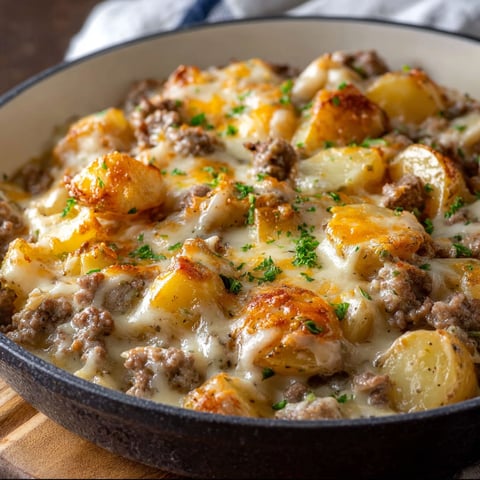A delicious One-Pan Creamy Meat & Potato Skillet is ready to be served.