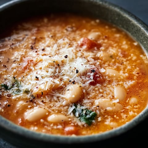 A bowl of Parmesan Tomato Cannellini Bean Soup with a generous amount of Parmesan cheese sprinkled on top.